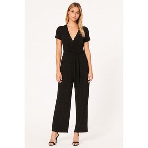 The Icing Miss Ashlee Belted Jumpsuit Black V-Neck Short Sleeve‎ Women's Size 6